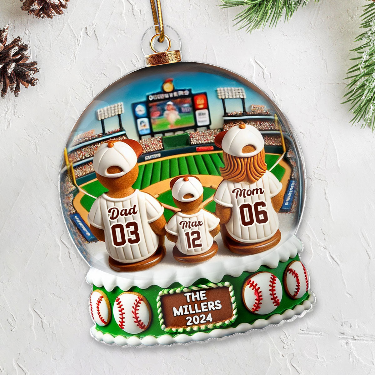 Gingerbread Baseball Family Watching Game Sport Lover 3D Effect Personalized Acrylic Ornament