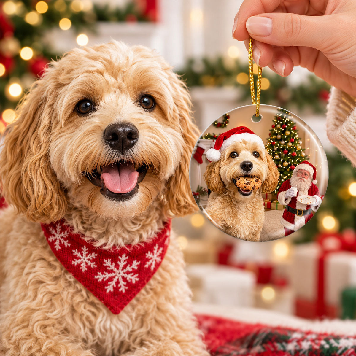 Dog Steal Cookie From Santa Upload Pet Photo - Personalized Ceramic Ornament - Funny Gift For Dog Lovers