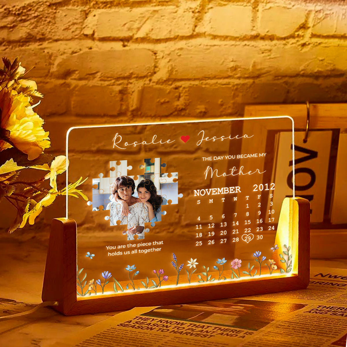 The Day You Became My Mommy, You Are the Piece that Holds Us All Together Personalized Photo Night Light Plaque, Mom Gift from Daughter, Gift