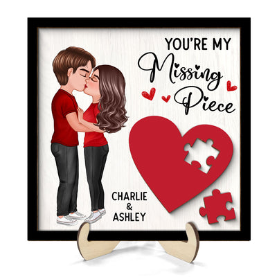Couple Kissing Standing Red Heart Puzzle Personalized 2-layer Wooden Plaque, Valentine‘s Day Gift For Him, For Her