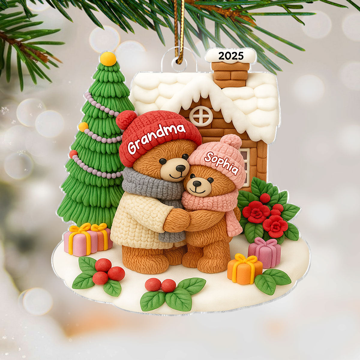 Grandma Bear Hugging Grandkids Personalized Acrylic Ornament, Christmas Gift for Granddaughter, Grandson, Grandkids
