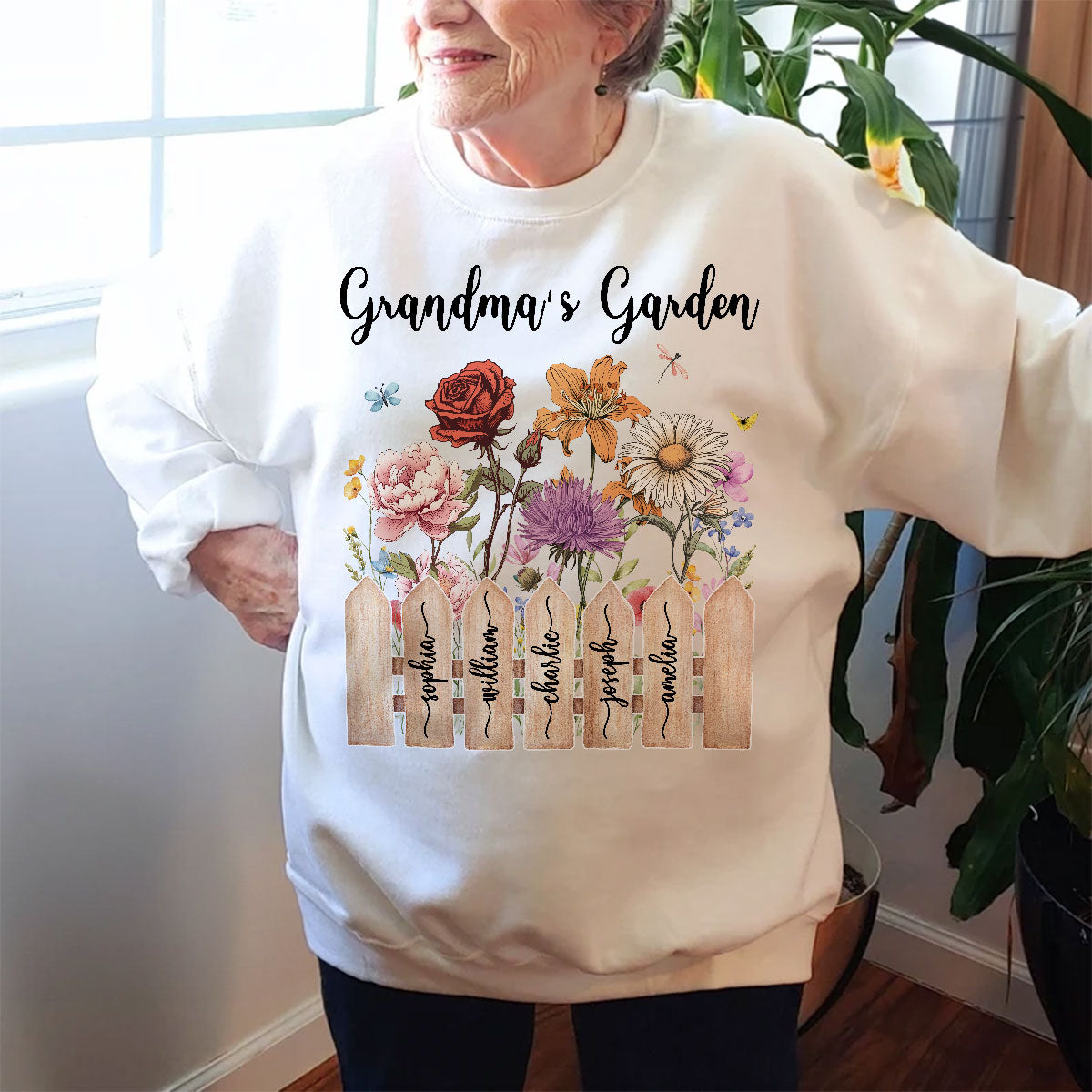 Grandma Birth Month Flower Garden Grandkids Names On Fence Personalized Shirt, Mother's Day gift for Mom, for Grandma