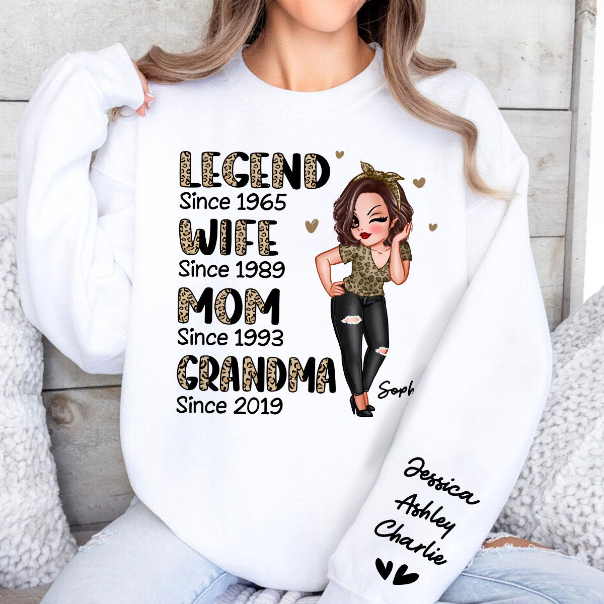 Half Leopard Sassy Legend Wife Mom Grandma Personalized Sleeve Printed Sweatshirt