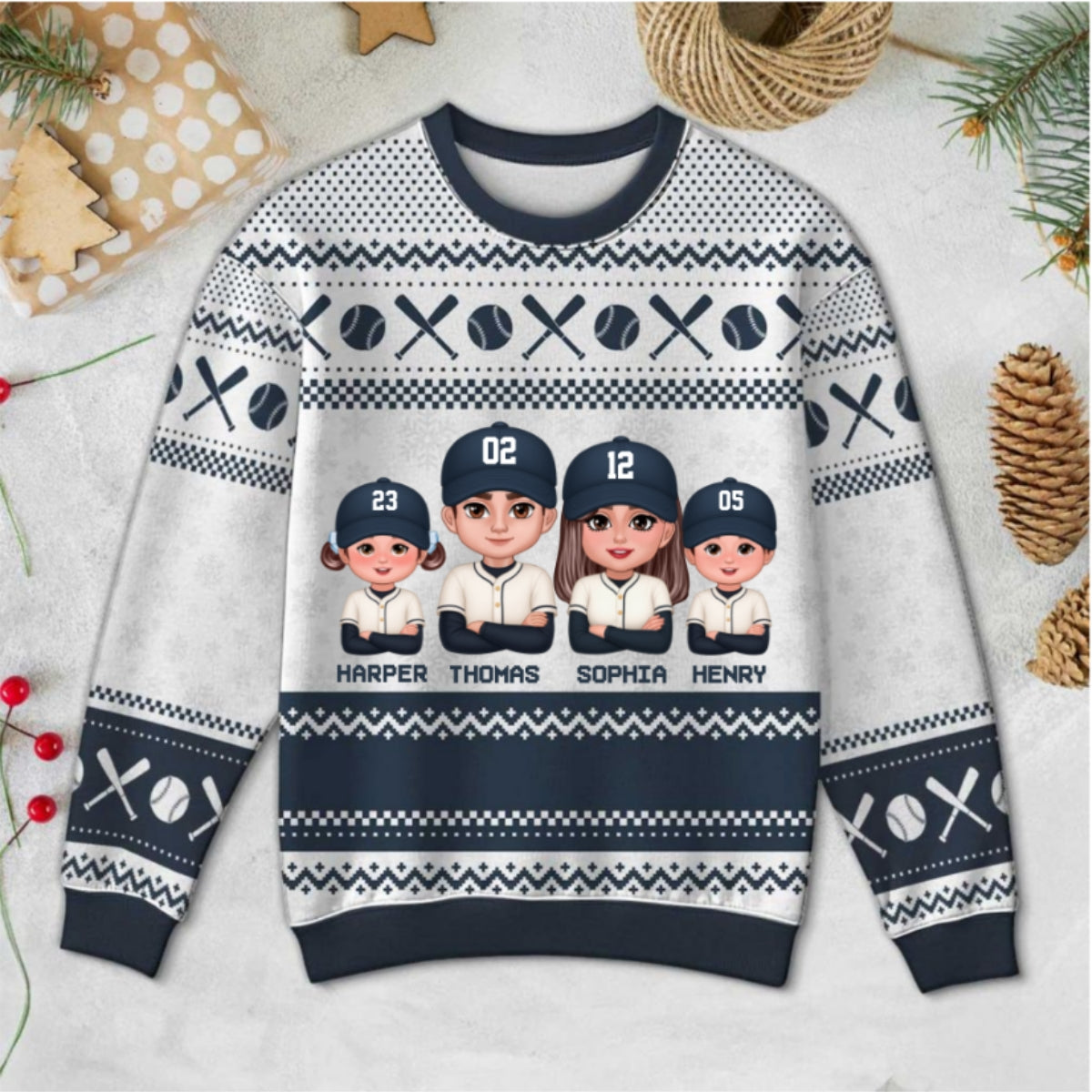 Christmas Baseball Family Personalized Faux Knitting Ugly Sweater