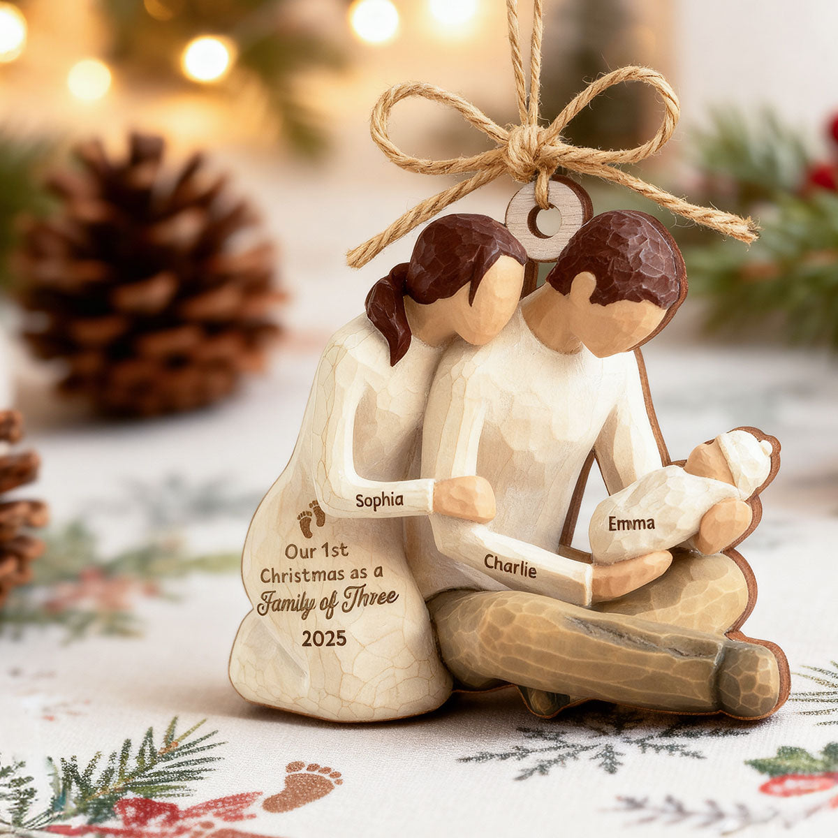 3D Effect First Christmas As Family Of Three Mom Dad Holding Baby - Personalized Wooden Ornament
