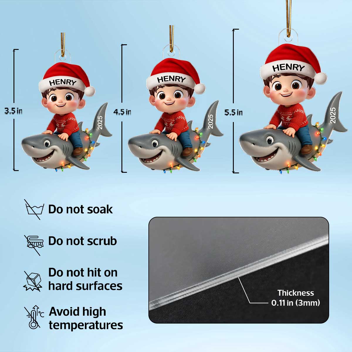 3D Effect Little Kid Favorite Animals Shark Christmas Personalized Acrylic Ornament, Fun & Unique Gift For Kids, Grandkids