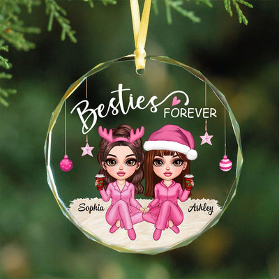 Besties Forever Pink Clothes Y2K Best Friends Personalized Glass Ornament, Friendship Christmas Gift