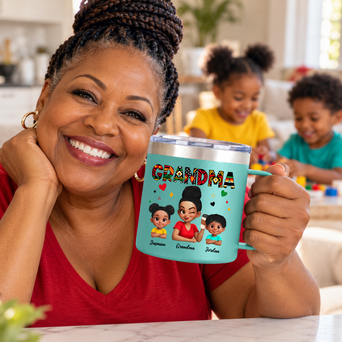 Tribal Pattern Grandma Grandkids Love - Personalized Stainless Steel Tumbler With Handle - Gift For Grandma
