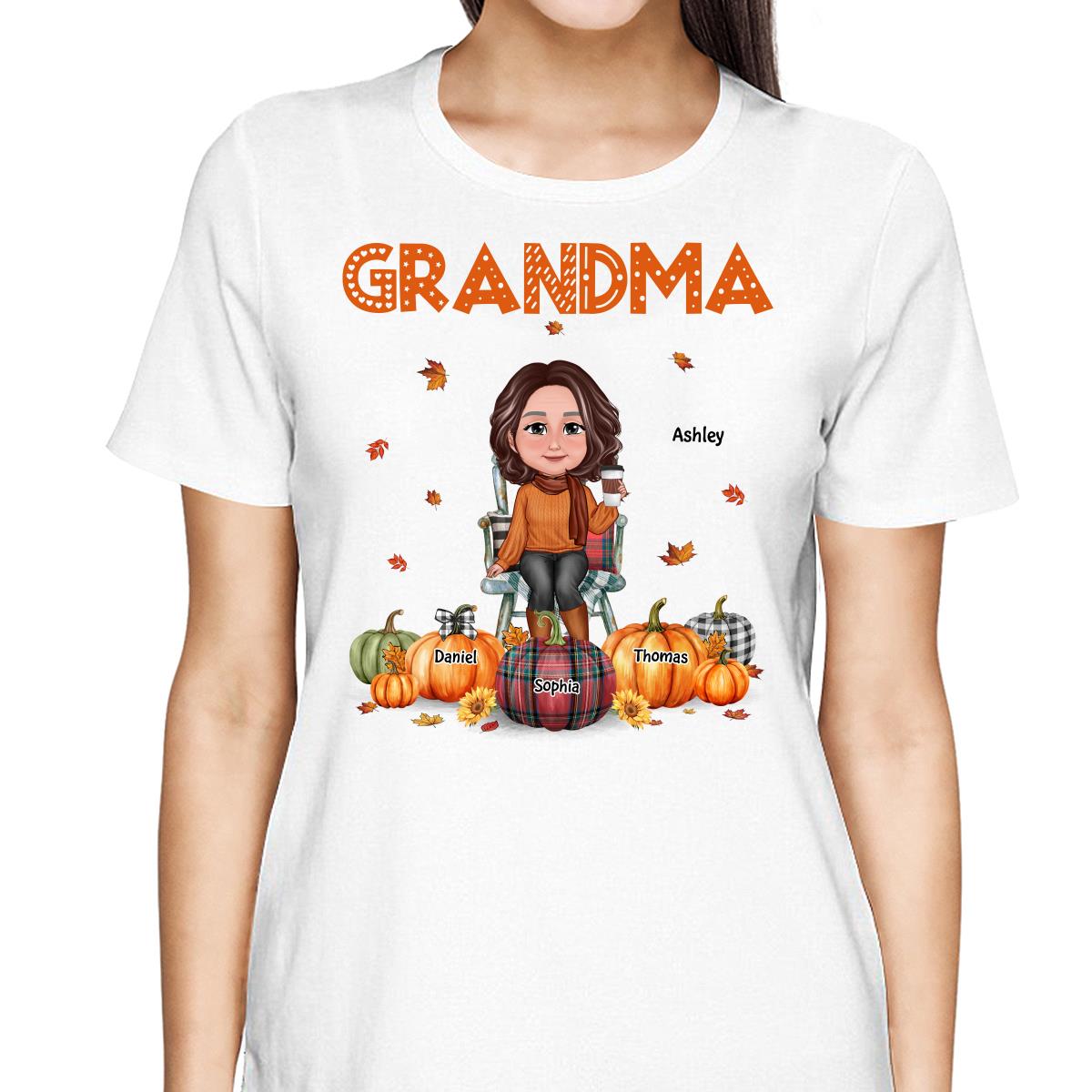 Fall Season Grandma Mom Sitting On Chair Pumpkins Personalized Shirt