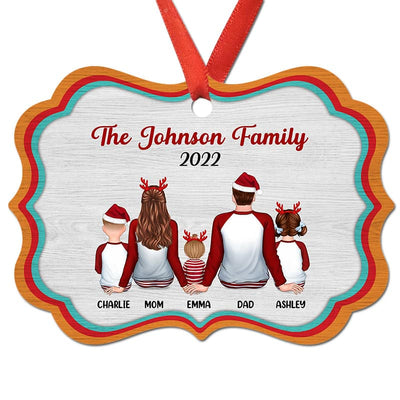 Family Pajamas Sitting Colorful Border Personalized Christmas Ornament