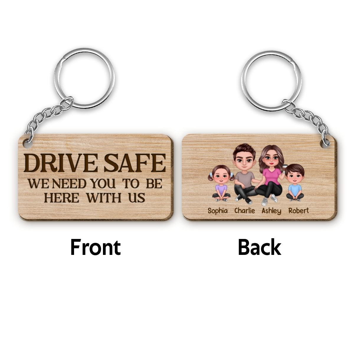 Family Doll Couple & Kids Dog Cat Sitting Personalized Wooden Keychain
