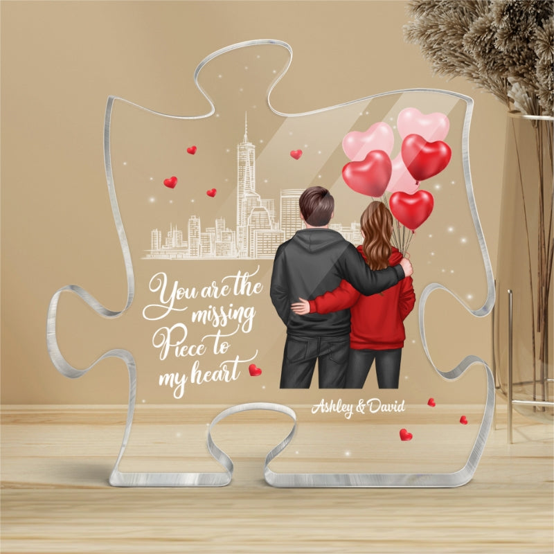 The Missing Piece To My Heart Hoodie Couple Personalized Puzzle Acrylic Plaque - Valentine‘s Day Gift For Him, Gift For Her