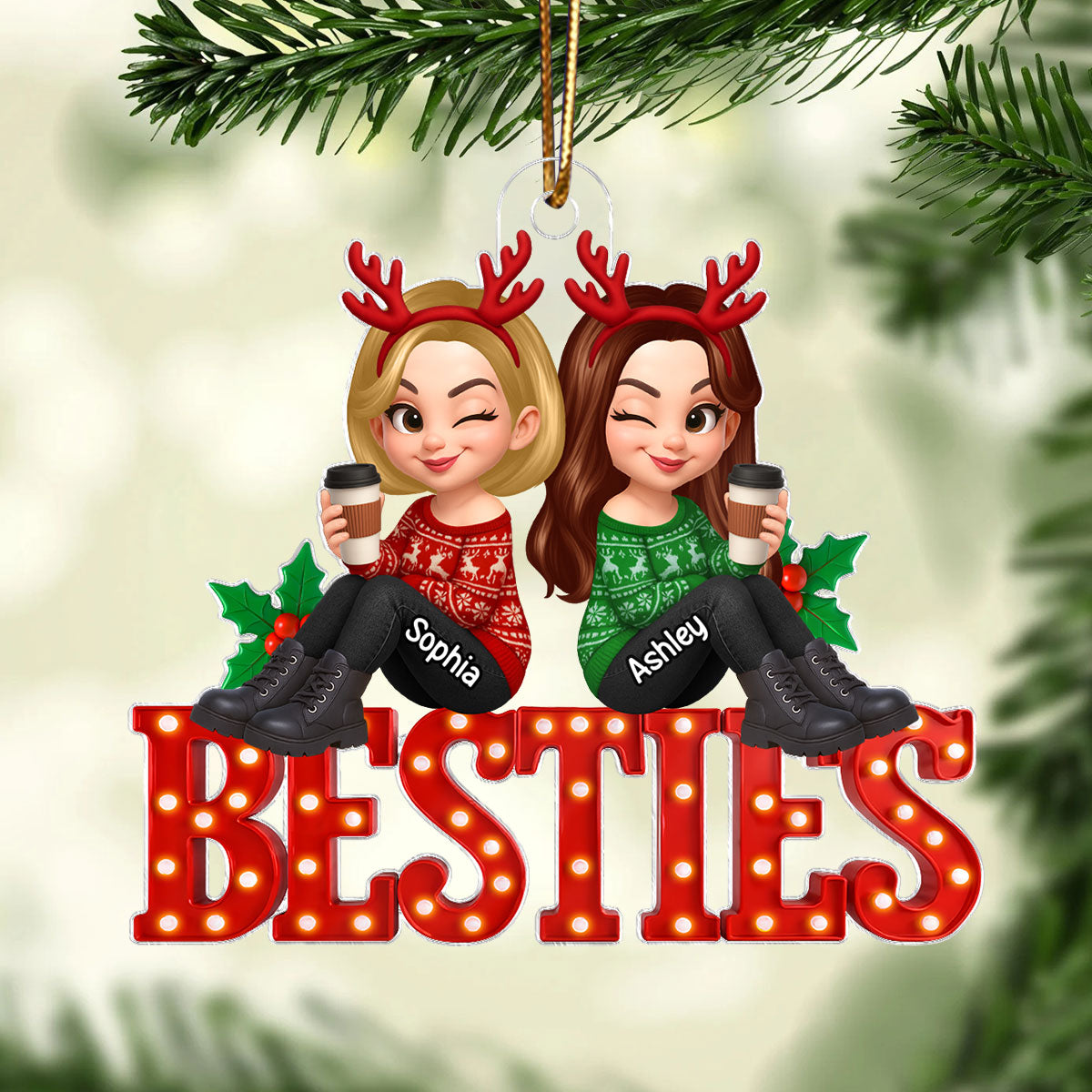 Christmas Besties Sisters Sitting On Marquee LED 3D Effect Personalized Acrylic Ornament