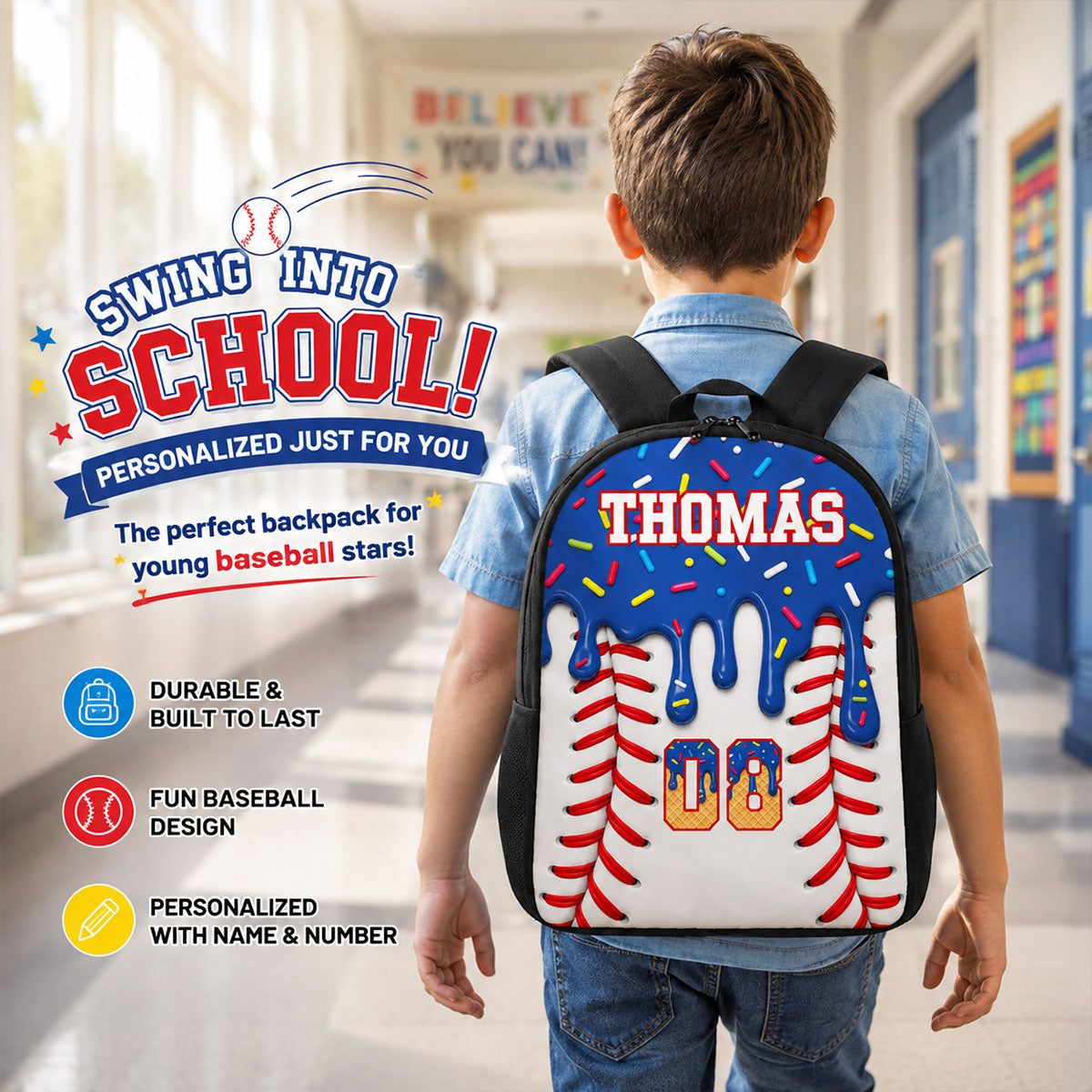 Baseball Drip Custom Name & Number - Personalized Backpack - Back To School Gift For Baseball Lovers, Baseball Players, Son, Daughter, Grandson, Granddaughter