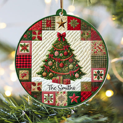 3D Effect Quilting Patchwork Fabric Patterns Christmas Tree Family Name Christmas Personalized Acrylic Ornament