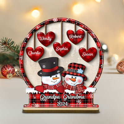 Snowman Papa Nana Dad Mom Heart Kids In Snowball Personalized 2-Layer Standing Wooden Plaque, Christmas Tiered Tray Decor