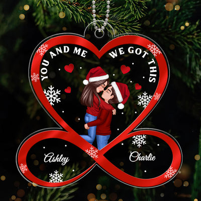 Christmas Doll Couple Hugging Kissing Infinity Heart Personalized Acrylic Ornament