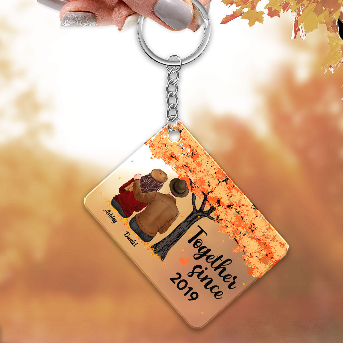 I Met You I Love You Fall Season Couple Under Tree Personalized Acrylic Keychain