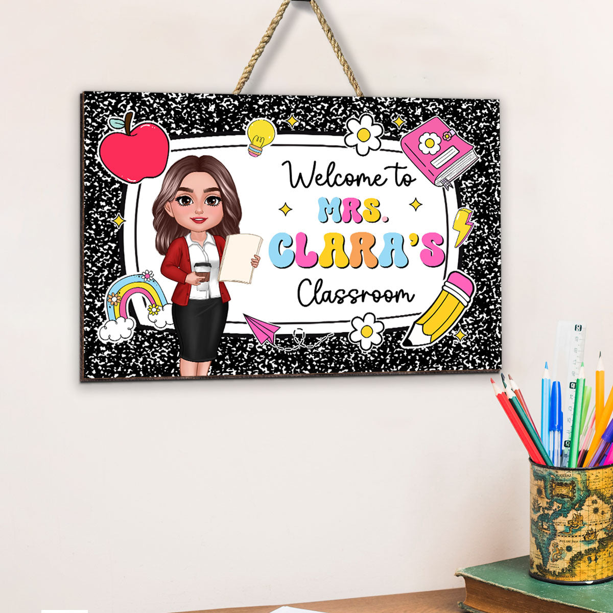 Teacher Composition Book Pattern Personalized Wood Sign, Back To School Gift