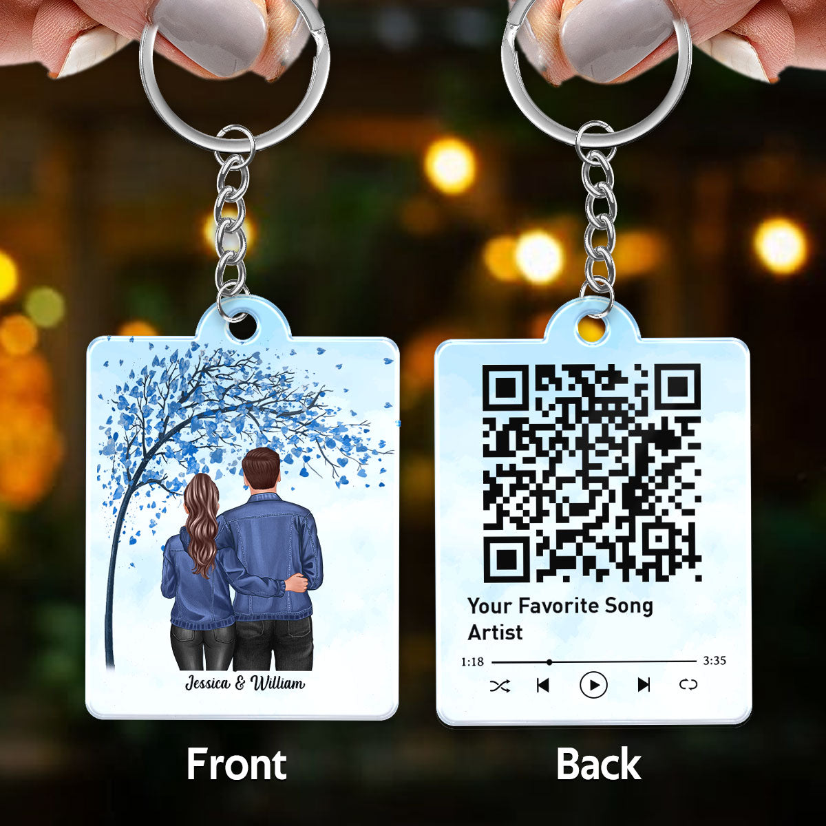 Back View Couple Standing Hugging Under Tree Favorite Song Scannable QR Code Personalized Acrylic Keychain