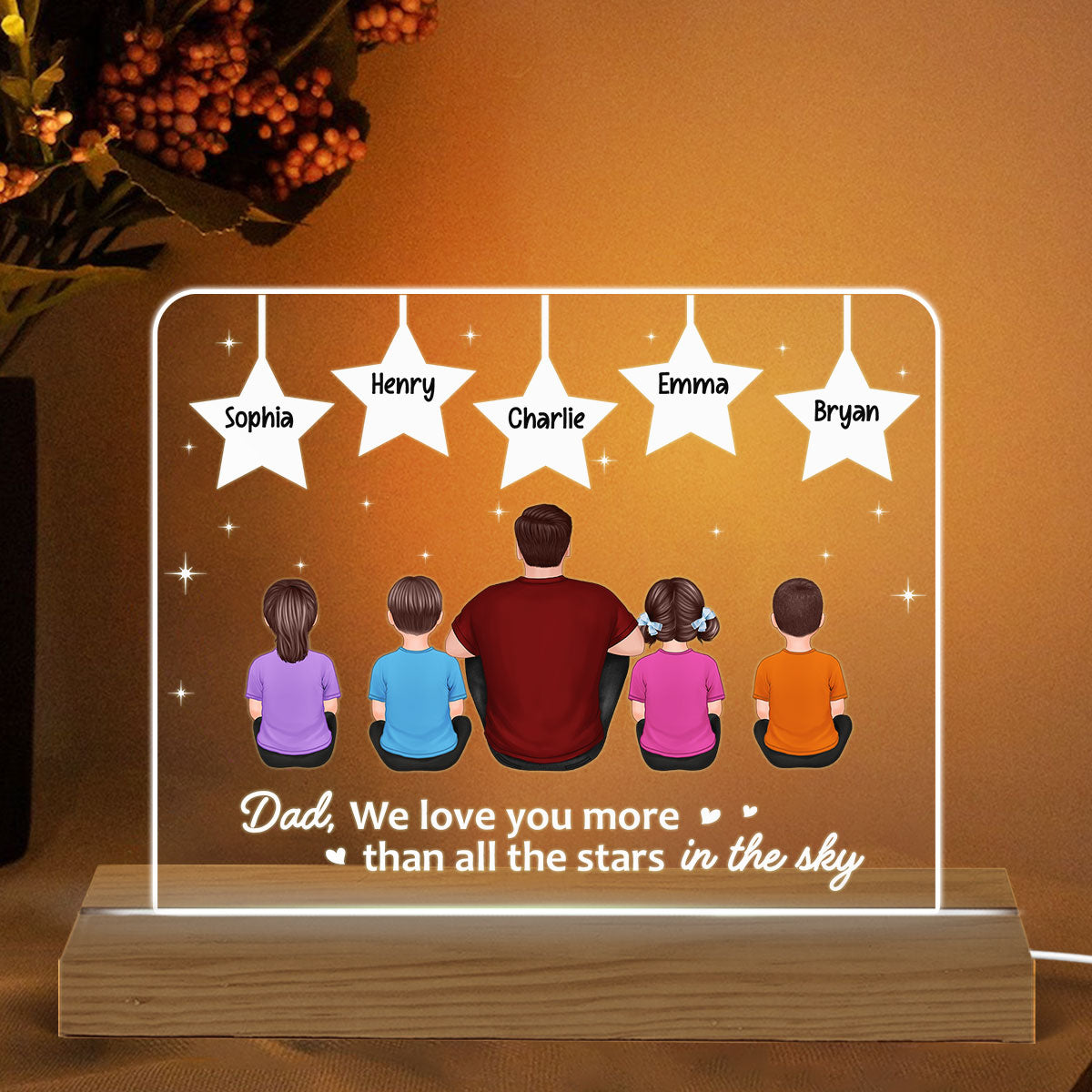 Best Dad Ever Back View Man Kids Dog Cat Sitting Under Stars Personalized Custom Shape Acrylic Plaque Warm LED Night Light