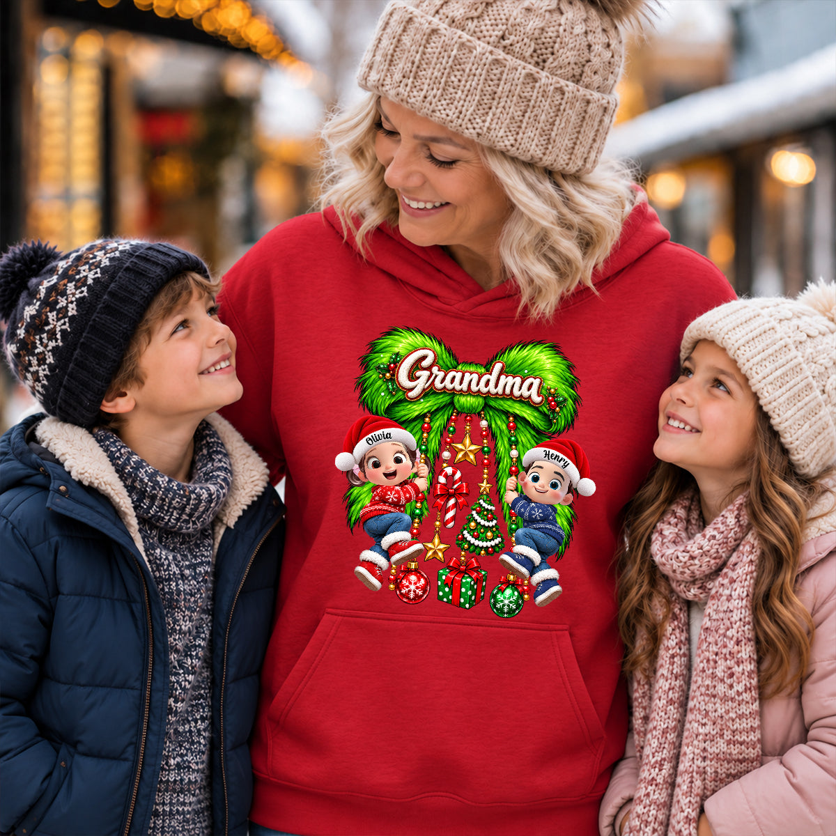 Cute Grandkids Green Bow Charm - Personalized Shirt - Trendy Christmas Tee for Grandma, Christmas Gift for Mom, Wife