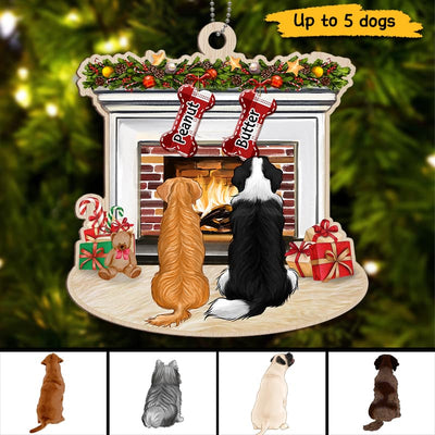 Christmas Dogs At Fireplace Personalized Wooden Ornament