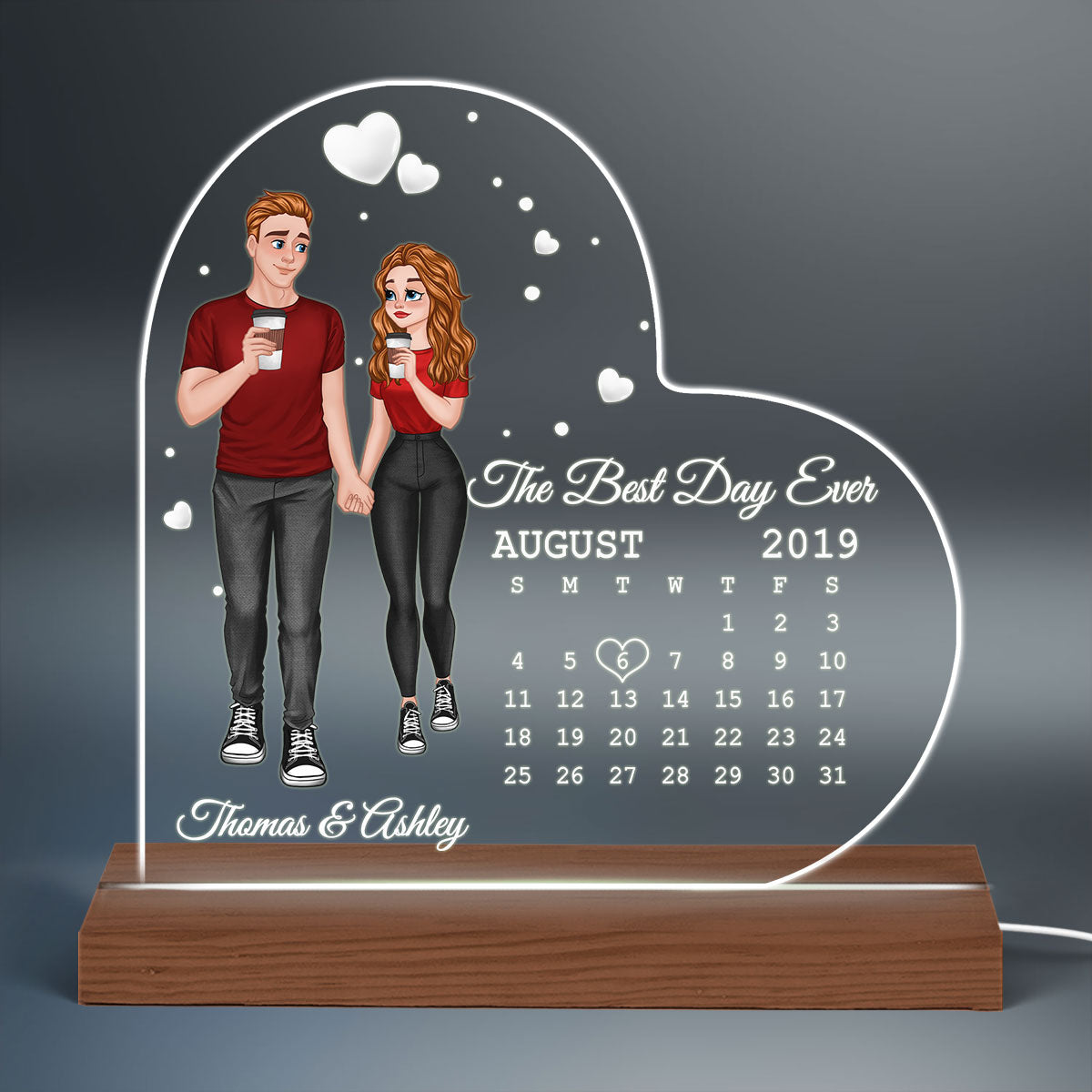 Cartoon Couple Hand In Hand Calendar Anniversary Date Personalized Heart Shaped Acrylic Plaque With LED Night Light