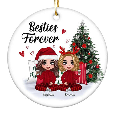Doll Besties Sisters Sitting Beside Christmas Tree Personalized Circle Ornament