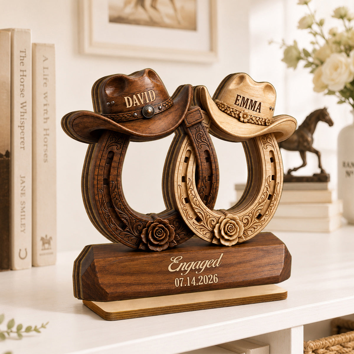 Couple Cowboy Hat Horseshoe - Personalized 2-Layered Wooden Plaque - Wedding, Anniversary Gift for Her, for Him