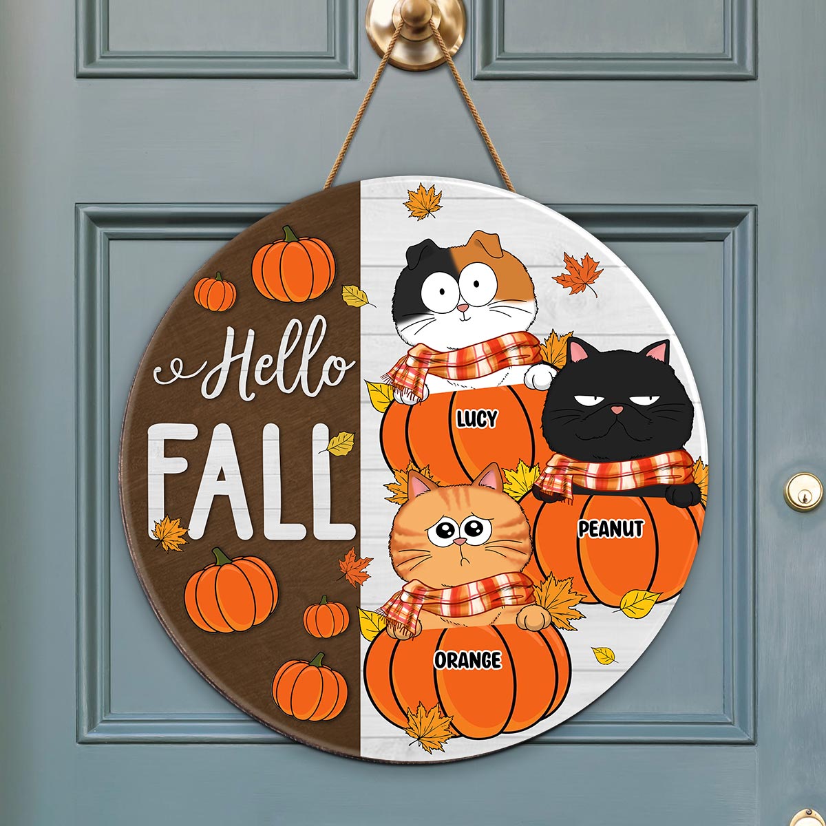 Funny Cats Hello Fall Personalized Wood Sign, Door Hanger, Outside Decor