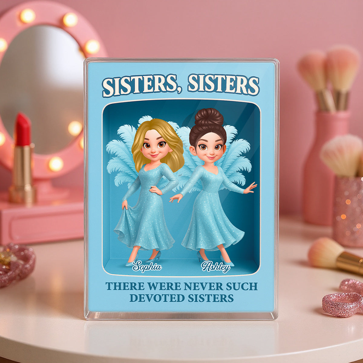 Pretty Cartoon Sisters Besties Blue Dress Toy Box Figure Style Personalized Acrylic Block Plaque