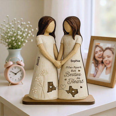Miles Apart Besties At Heart 3D Effect Personalized Standing Wooden Plaque, Birthday Gift, Long Distance Friendship Gift for Best Friends