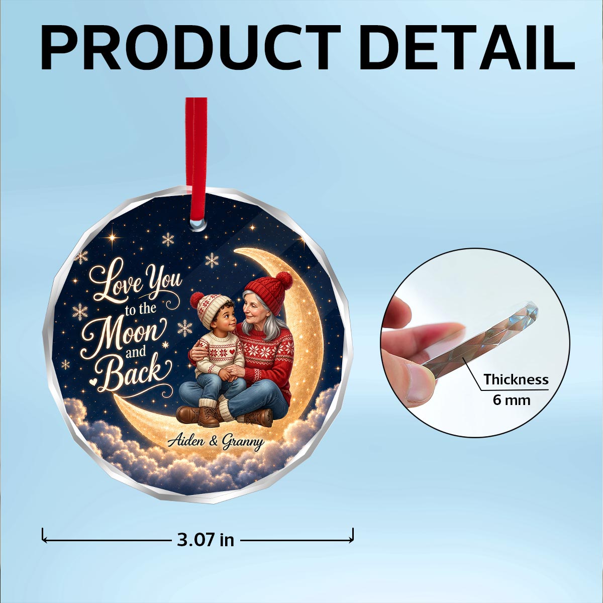 Love You To The Moon And Back Grandma Grandkid Portrait From Your Photo - Personalized Glass Ornament - Christmas Gift For Grandchildren