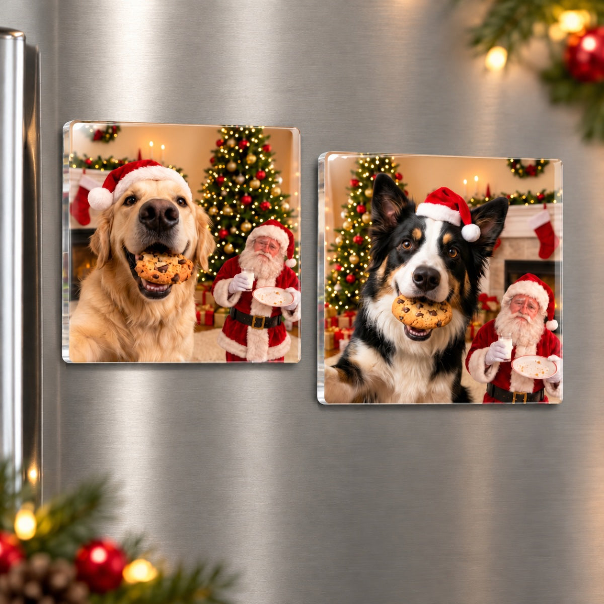 Dog Cat Steal Cookie From Santa Upload Pet Photo - Personalized Acrylic Fridge Magnet - Funny Christmas Gift For Dog Lovers, Cat Lovers, Pet Lovers