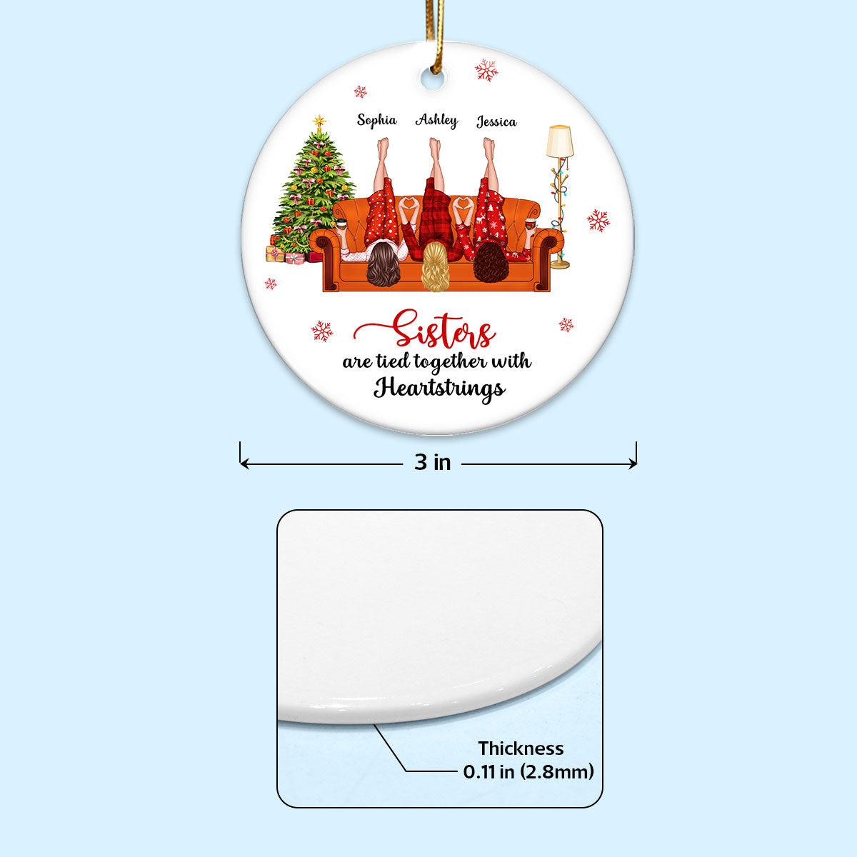 Sisters Are Tied Together With Heartstrings Personalized Ceramic Ornament, Christmas Gift for Sisters, Siblings