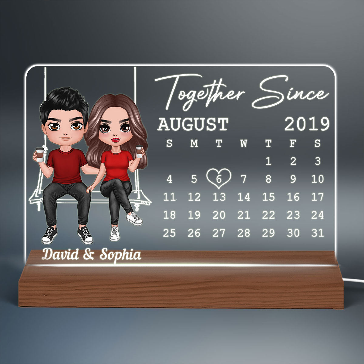Doll Couple On Swing Anniversary Date Calendar Rectangle Personalized Custom Shape Acrylic Plaque With LED Night Light - Anniversary Gift For Couple - Gift For Him - Gift For Her