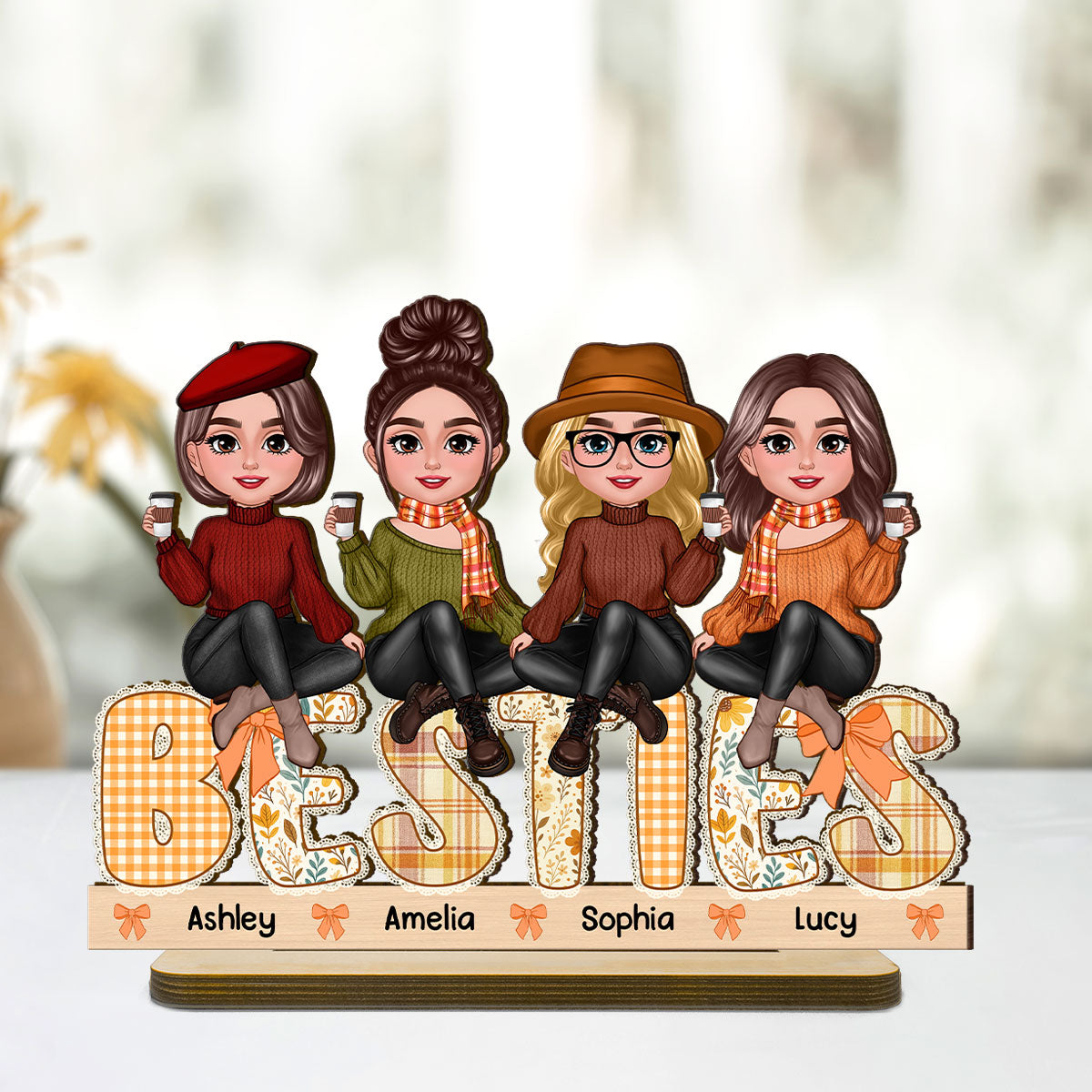 Fall Season Besties Sitting On Text Lace Patterned Personalized Standing Wooden Plaque