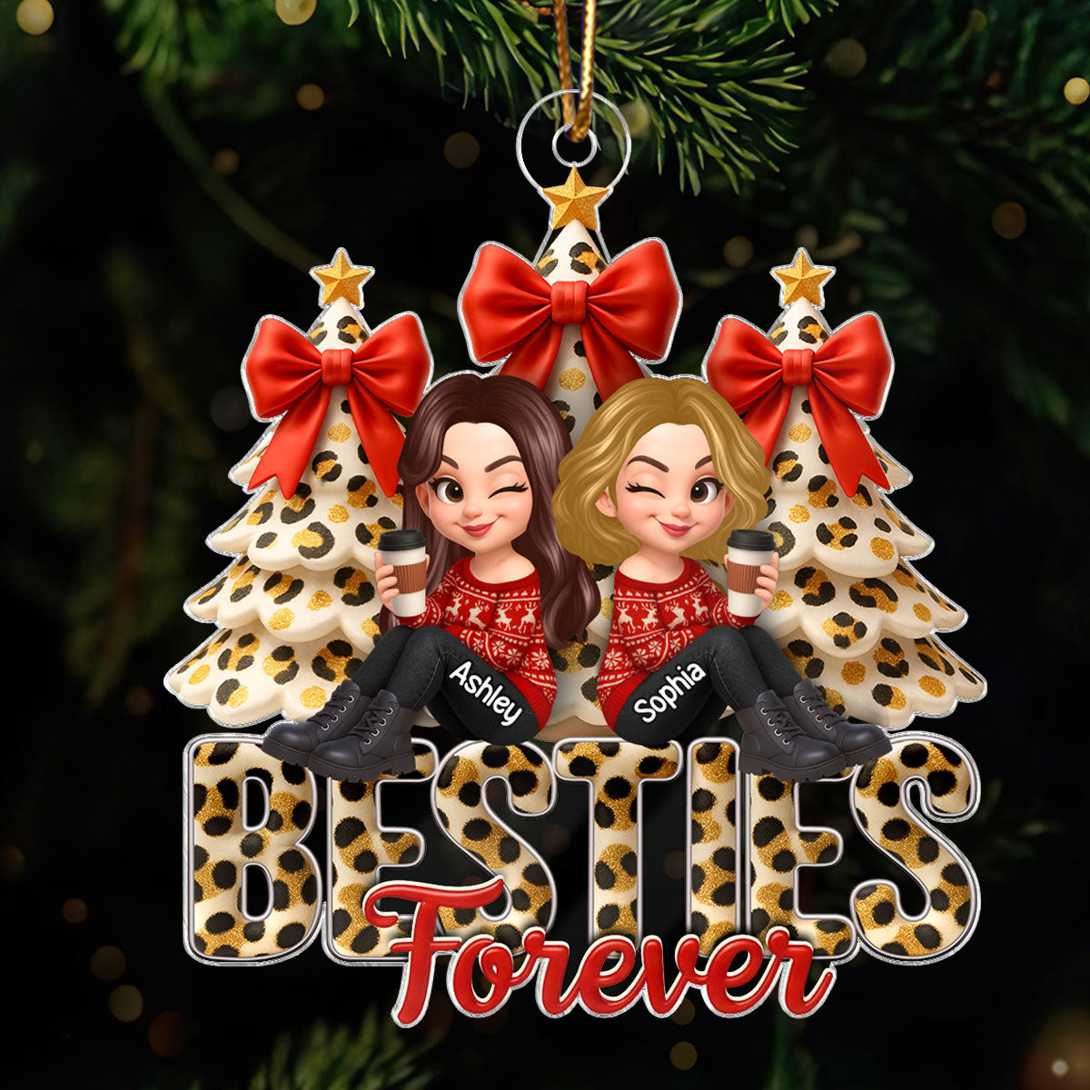Besties Forever Leopard Pattern - Personalized Acrylic Ornament - Unique Christmas Gift for Best Friends