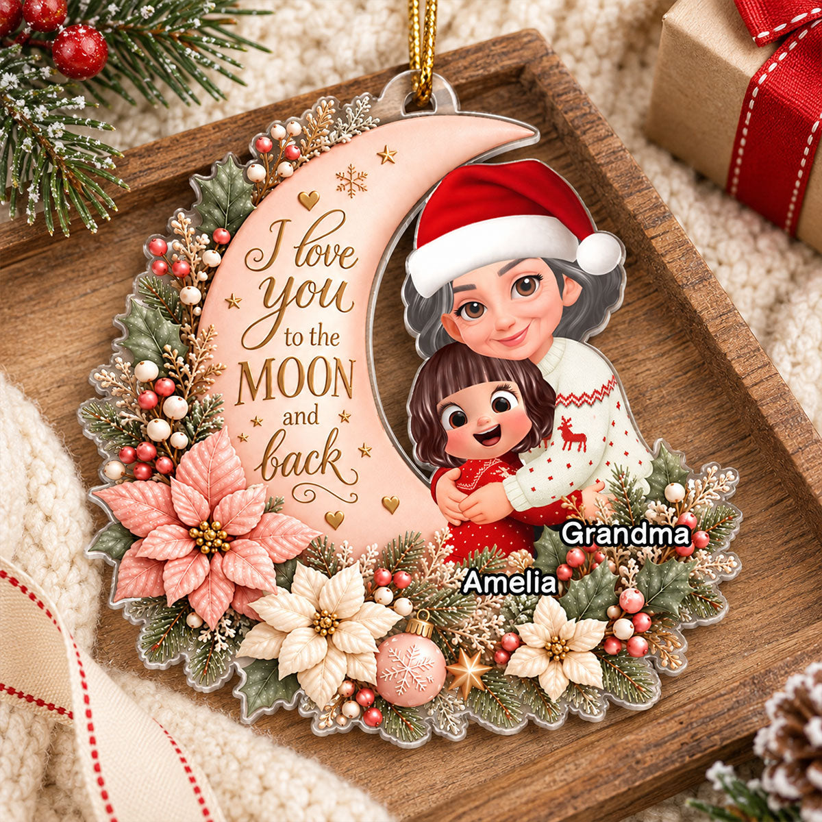 Grandma Loves Grandkid to the Moon - Personalized Acrylic Ornament - Heartfelt Christmas Gift for Granddaughter, Grandson