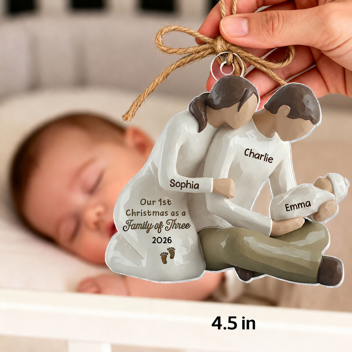 3D Effect First Christmas As Family Of Three Mom Dad Holding Baby - Personalized Acrylic Car Hanger