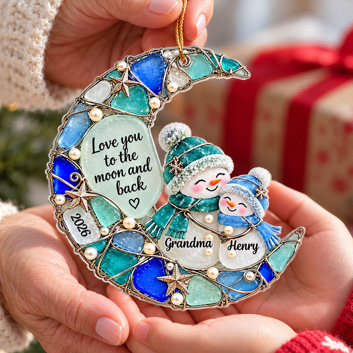 Grandma Grandkid Snowman On Moon 2D Flat Printed - Personalized Acrylic Ornament - Christmas Gift For Grandkid, Grandson, Granddaughter