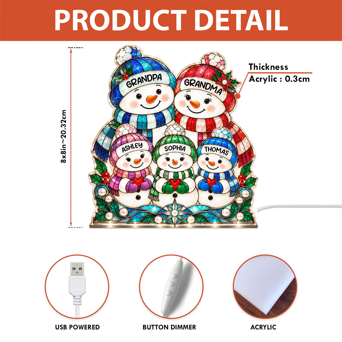 Cute Snowman Grandparents & Grandkids Stained Glass Style 2D Flat Printed - Personalized Light Box - Christmas Decor For Family, Grandma, Grandpa