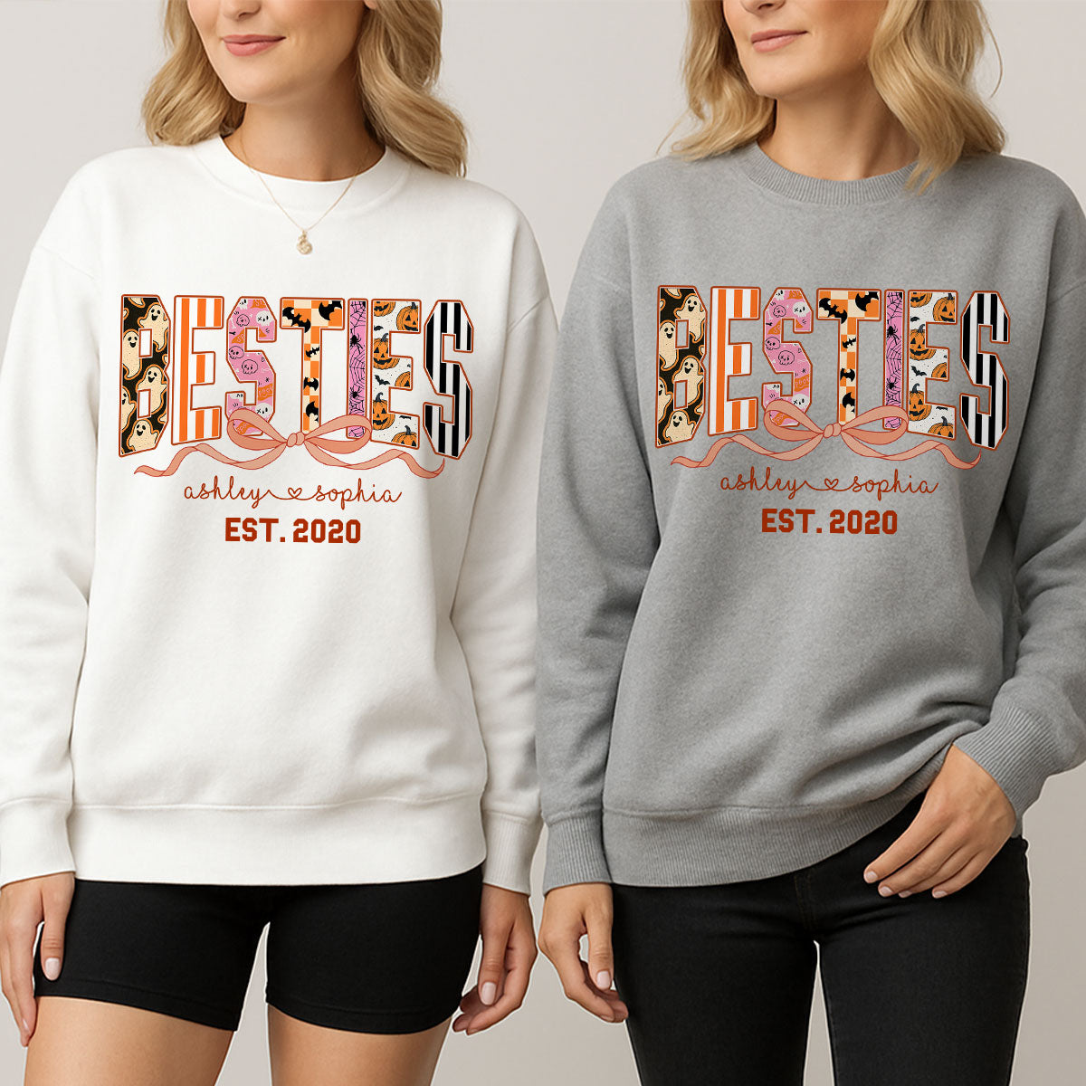 Retro Halloween Spooky Coquette Personalized Matching Besties Sweatshirt, Fall Gift for Besties