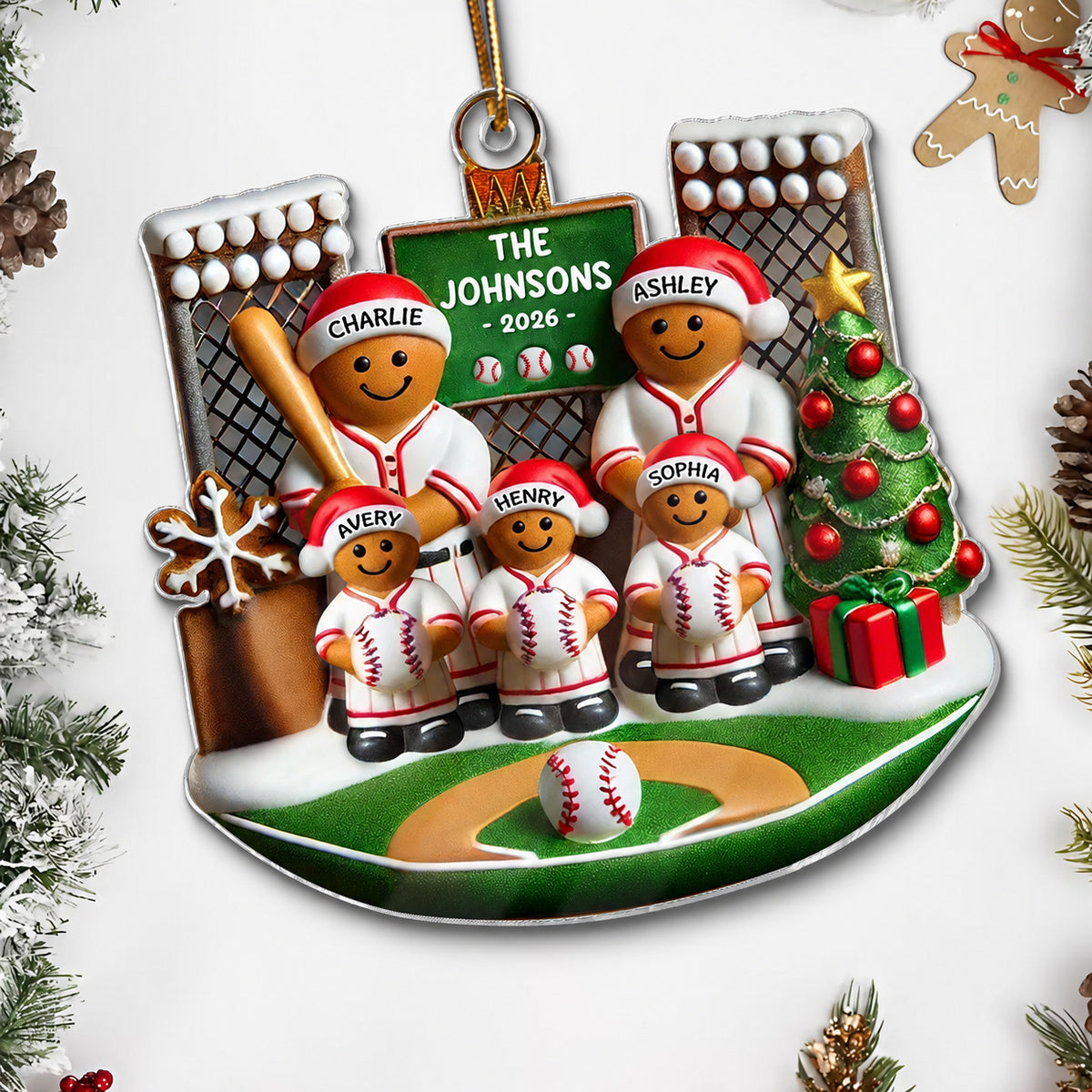 3D Effect Baseball Gingerbread Family On Field Sport Lover - Personalized Acrylic Ornament