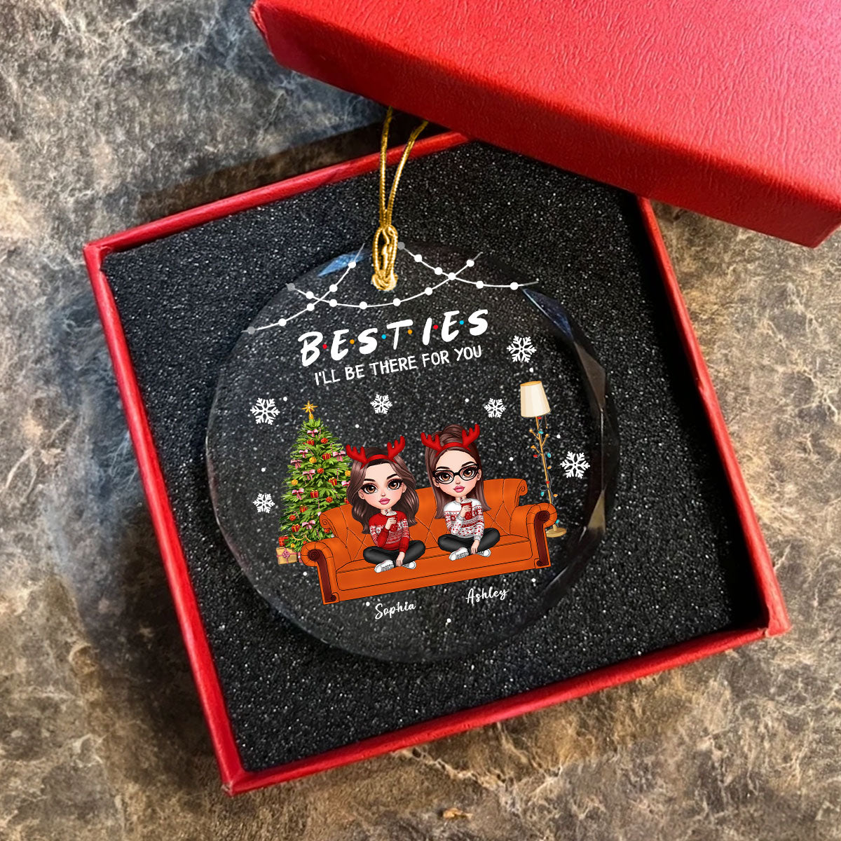Besties Sitting On Sofa I'll Be There For You Personalized Glass Ornament, Christmas Gift For Best Friends