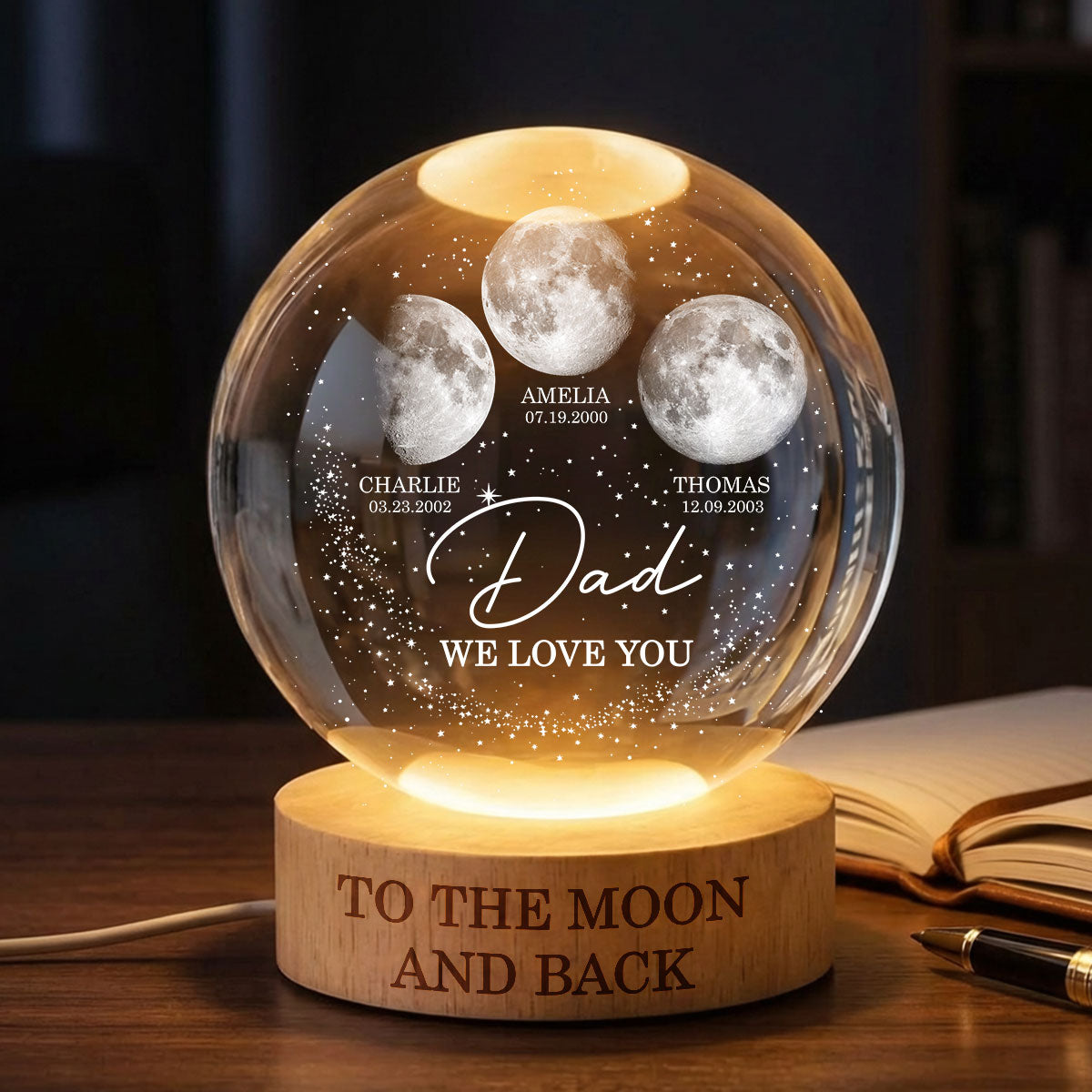 Love to the Moon and Back - Personalized Crystal Ball LED Night Light - Custom Moon Phase by Date, Father's Day Gift for Dad, Husband