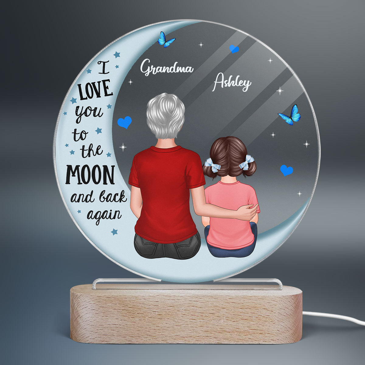 Grandma Hugging Grandkids Blue Moon Personalized Circle Acrylic LED Lamp Night Light