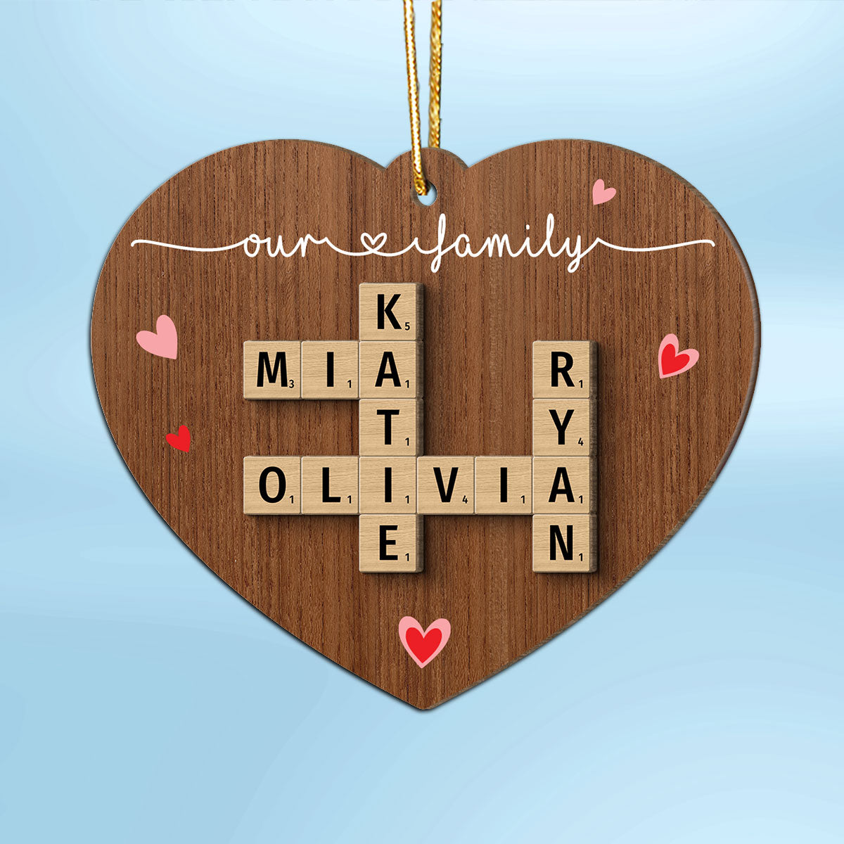 Family Crossword Puzzle Art Personalized Heart Shaped 2-Layer Wooden Ornament