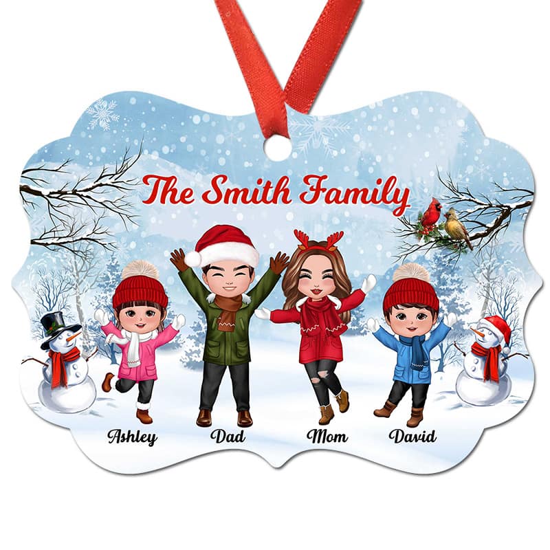 Happy Doll Family Dad Mom Kids In Snow Personalized Christmas Ornament